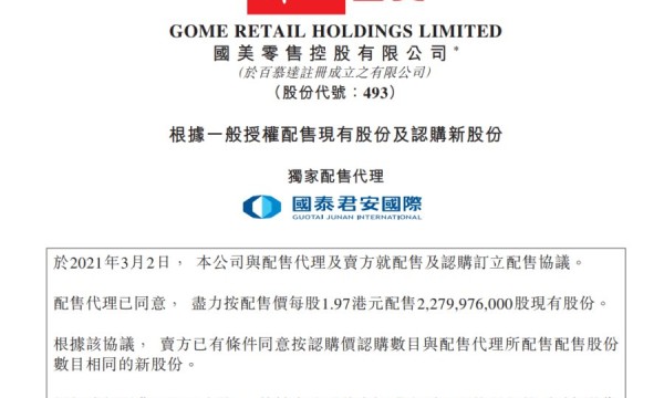 国美零售控股 (代码：493.HK)发布公告：溢价57.6%获得约45亿港币配售募资